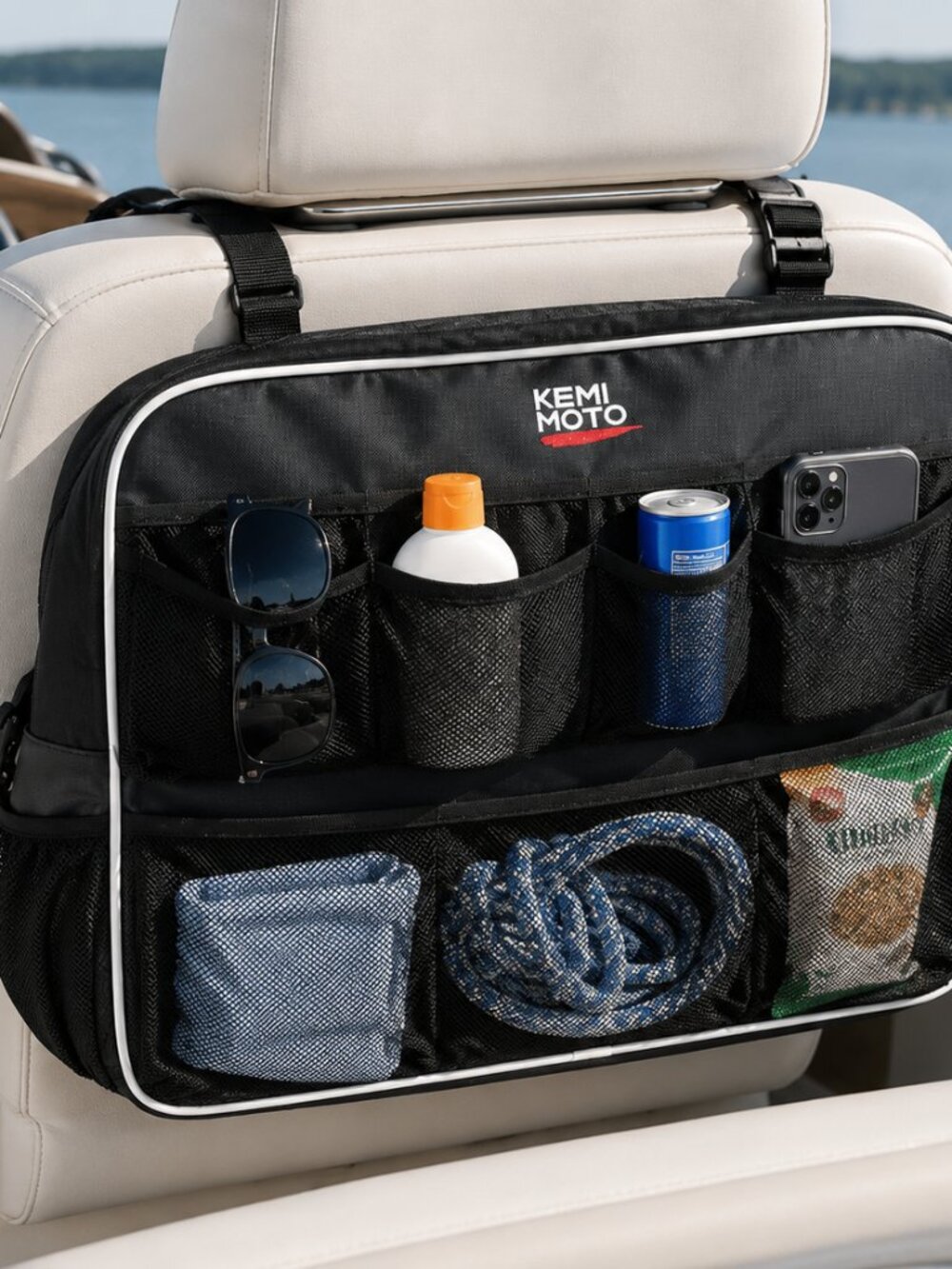 KEMIMOTO Boat Seat Back Organizer Storage Bag Black Marine Gear Holder Pontoon